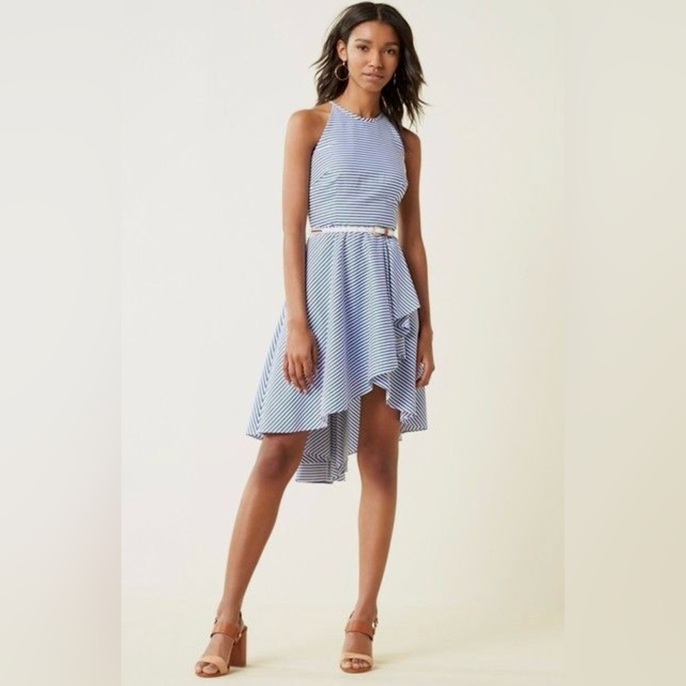 Eliza J. High-Low belted blue/white striped dress - 4P